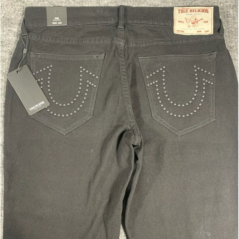 True Religion Jeans Mens 34 Black Denim Geno Relaxed Slim Studded Stretch $164